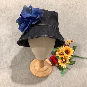 NWOT - Black Denim Bucket Hat with Blue Silk Flower Adornment